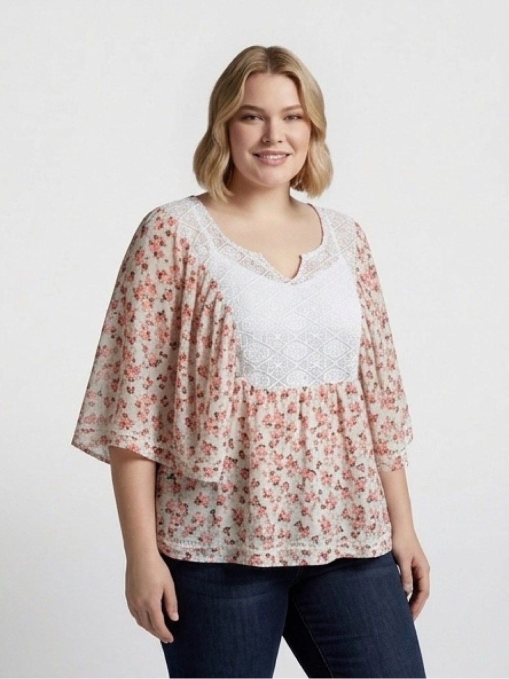 torrid White Lace Yoke Tunic with Pink Floral Print